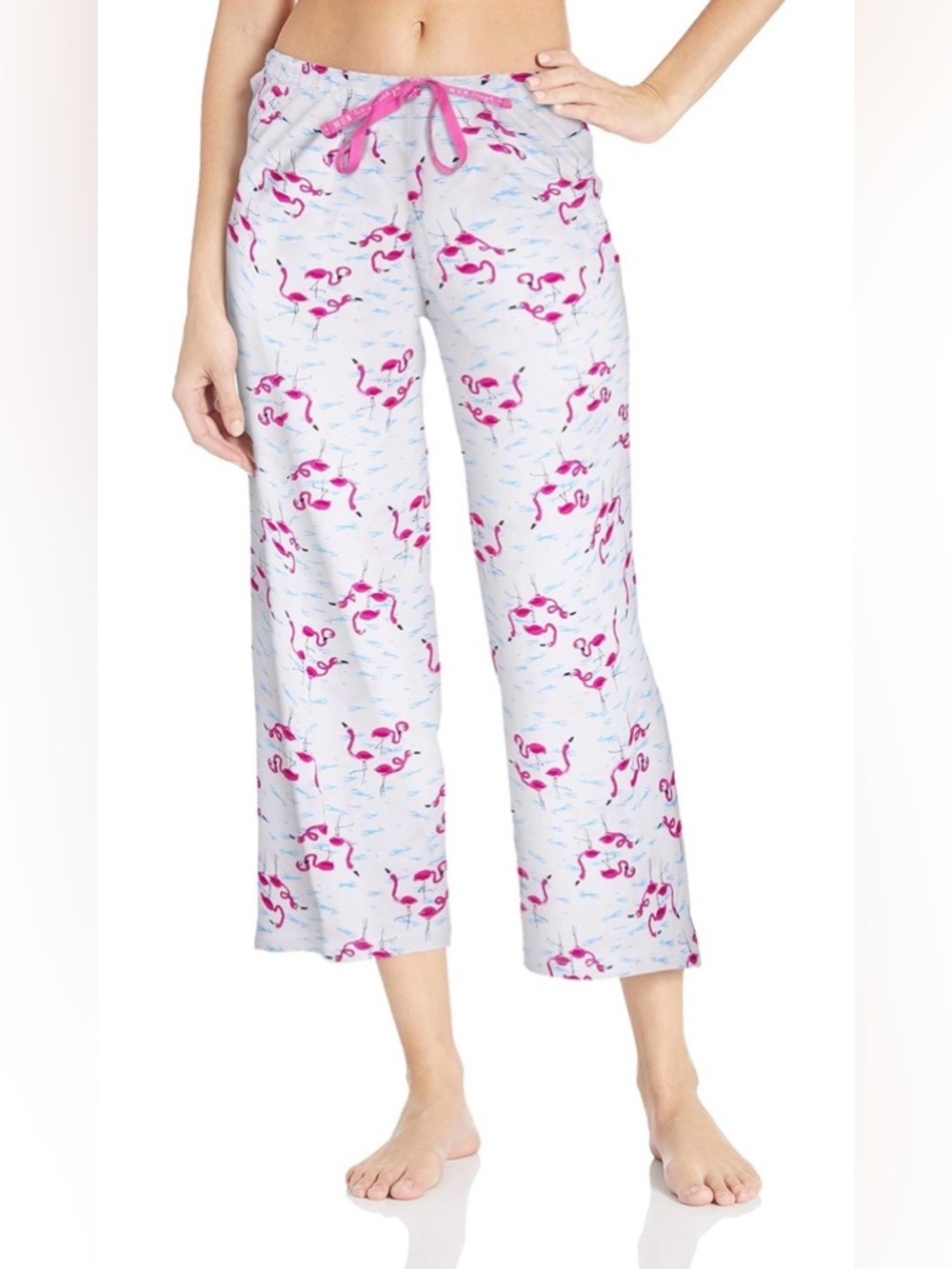 NWT HUE Women’s Printed Knit Long Pajama Sleep Pant White w Pink Flamingos - Picture 5 of 7